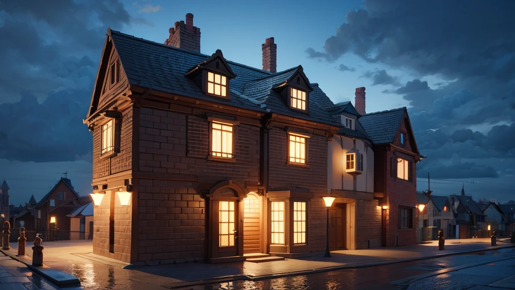3d render of a stylized town, disney style modern cute town house, made of stones and bricks, ultra realistic lighting, highly stylized, calm mood, atrractive