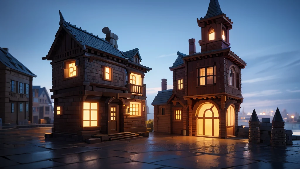3d render of a stylized town, disney style modern cute town house, made of stones and bricks, ultra realistic lighting, highly stylized, calm mood, atrractive