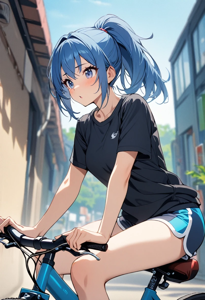 a girl sitting on top of bicycle, dolphin shorts, blue hair, ponytail,