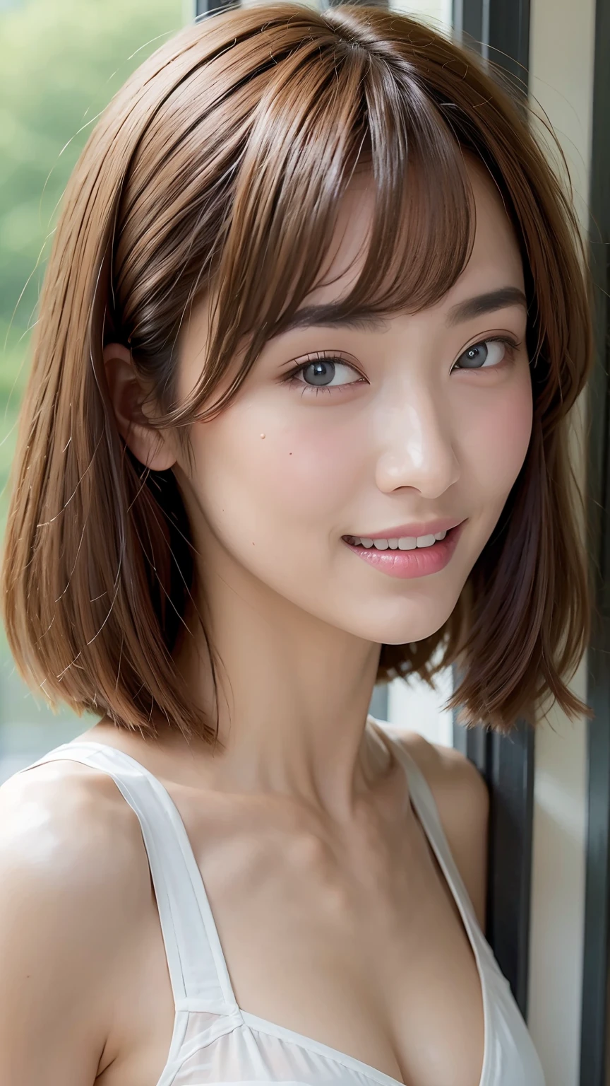 highest quality, Soft Light, Ultra-high resolution, (Realistic:1.4), RAW Photos,
1 Japanese girl, alone, cute, (pupil, light in your eyes), Beautiful face in every detail,(High resolution detail of human skin texture),
(Shortcuts、Layered Cut、Shaggy、White teeth),
Bed Rules,
((White camisole,Waist up shot))