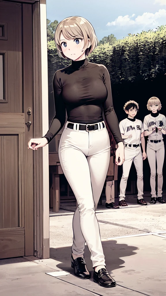 (野球uniform:1.2),
Blonde Hair, (short hair:1.2),Long sleeve, Black Shirt, turtleneck,White trousers、uniform、Black belt、((Illustration of people))、Big 、
View Audience,, (Highest quality:1.3),One Girl, White pants、uniform、Outdoor、baseball ground、ground、soil、blue eyes、Tight black shirt、(masterpiece、Highest quality)、Highest quality, Ultra-high resolution, (((masterpiece))), alone, Sweat、Big eyes、Big Breasts、One Girl, Front view、Embarrassed face、Bronze colored hair、((short hair))、Stand up straight