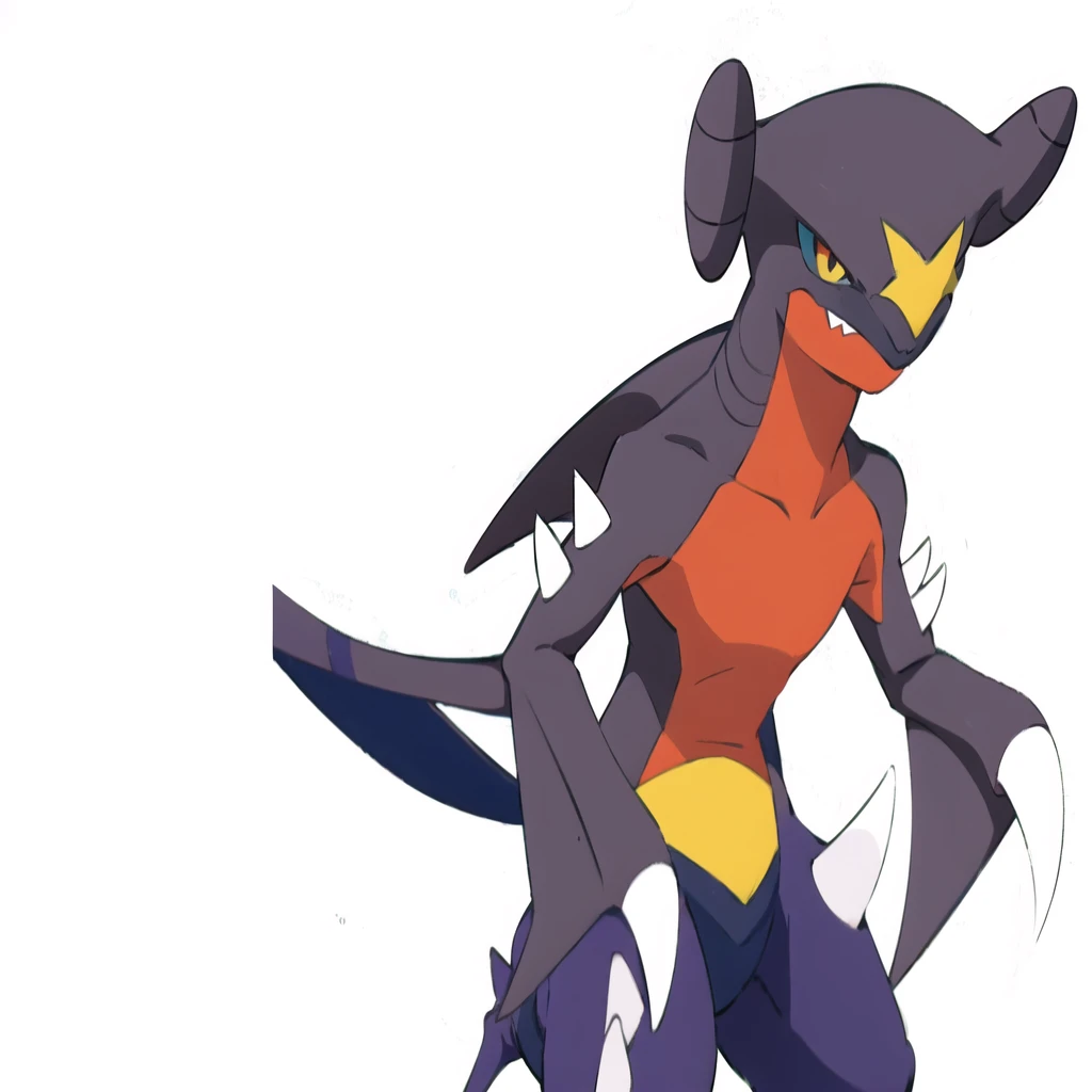 garchomp, 独奏, アニメ, smile, closed mouth, looking at viewer, forest, bush,Redraw it with a thin and beautiful anime drawing、Don't change the design