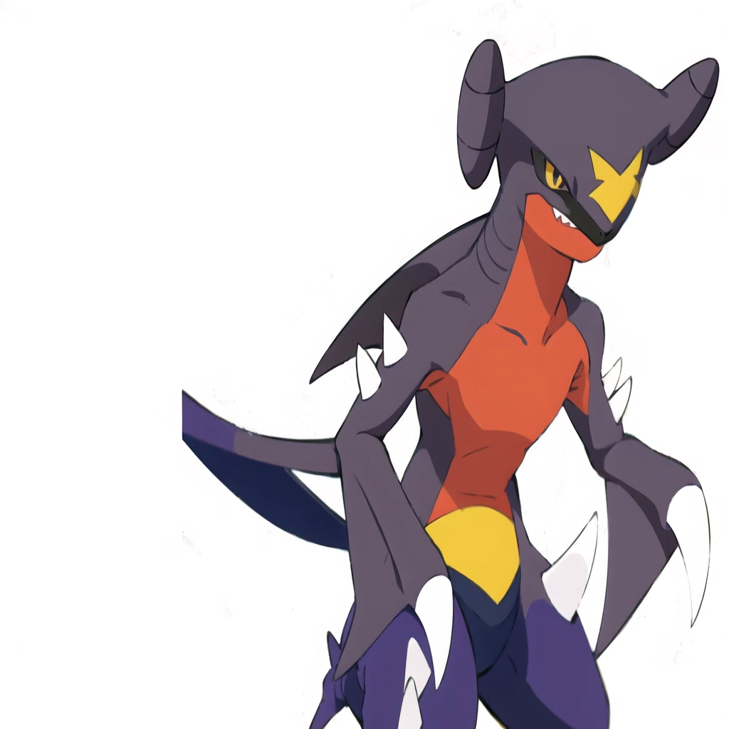 garchomp, 独奏, アニメ, smile, closed mouth, looking at viewer, forest, bush,Redraw it with a thin and beautiful anime drawing、Don't change the design