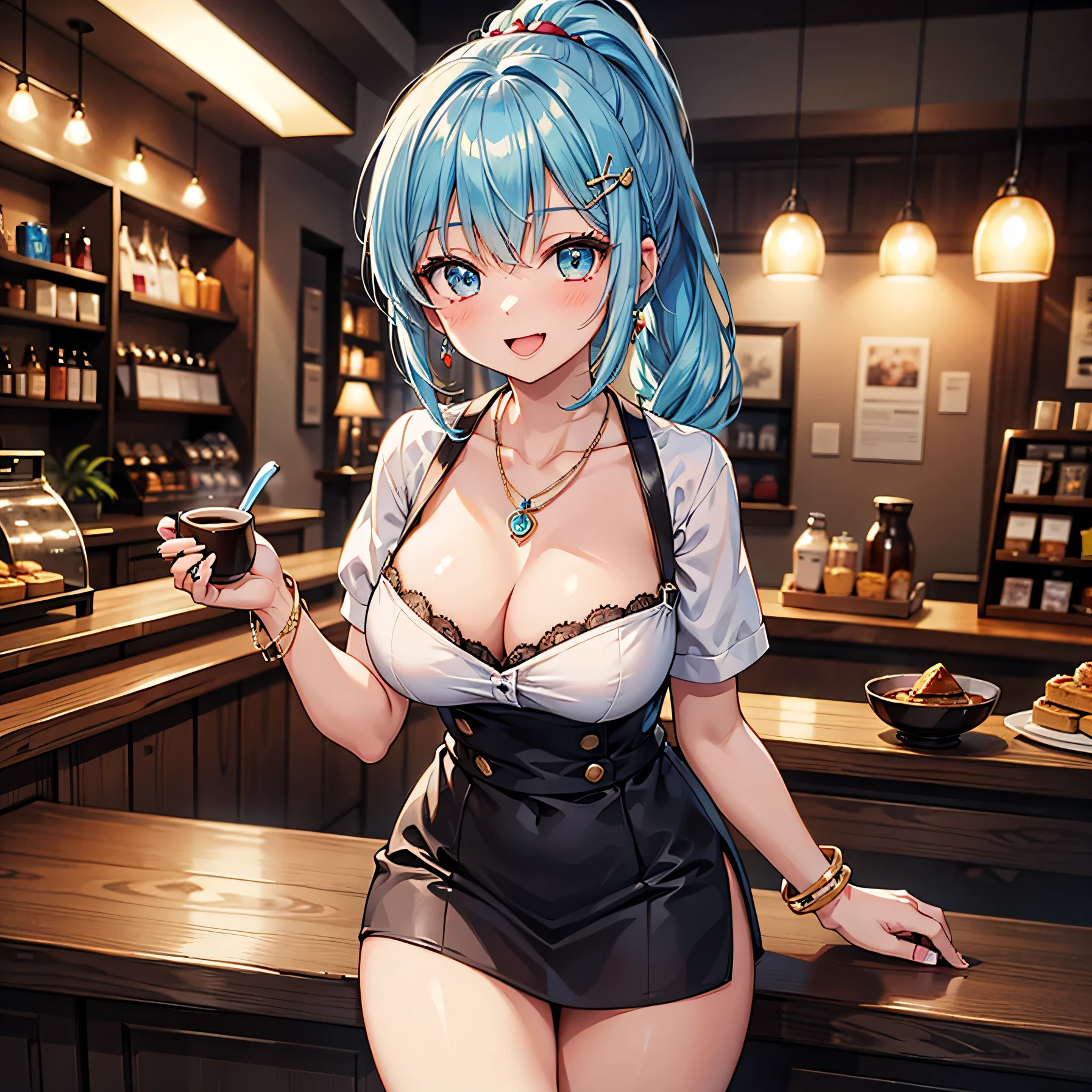 Anime Moe Art Style,Highest quality,High resolution,Anatomically correct,One Girl,Mid-s,A girl with light blue hair in a ponytail,Super detailed,Fantasy World,Big Breasts,Shiny skin,Beautiful Skin,A rich expression,Laughing with your mouth open,Coffee shop,Waitress Uniform,Serving,Eyes drawn in detail,hair ornaments,necklace,bracelet,ring,8K