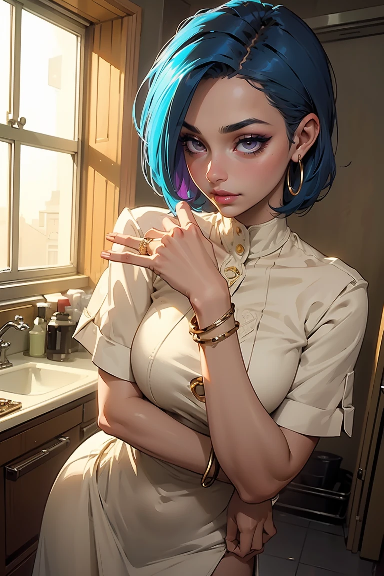 Goddess ((goddess-like woman)), slim elegant silhouette, masterpiece, (close angle), best quality, pale skin, fair skin, sweet face, (masterpiece:1,2, best quality), (real picture, intricate details), (1 lady , solo, medium tits, slim waistline, ), ((Jinx/LOL)), a woman short hair, darkblue hair, brown eyes, she has an impressive presence., short hair, bracelet, hoop earrings, jewelry, beautiful face, beautiful eyes, Side Pose, Side View, She is wearing a She wears a Classic Beige Linen Short Sleeve Shirt Dress, the jewelry gives her overall appearance a touch of glamor. sweet smile, thigh gap, sweet irresistible smile, elegant pose, elegant hands, beautiful hands, perfect fingers, background: background: hospital, treatment room,