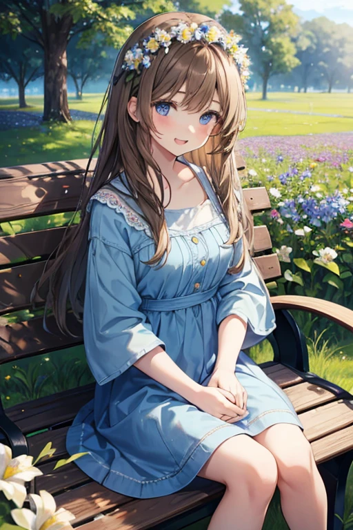 woman,19 years old,Semi-long brown hair,With bangs,Wearing a flower crown,blue eyes,Laughing,Denim dress,Sitting on a bench holding a white cat,blue flower field