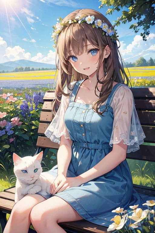 woman,19 years old,Semi-long brown hair,With bangs,Wearing a flower crown,blue eyes,Laughing,Denim dress,Sitting on a bench holding a white cat,blue flower field