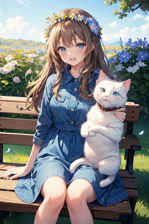 woman,19 years old,Semi-long brown hair,With bangs,Wearing a flower crown,blue eyes,Laughing,Denim dress,Sitting on a bench holding a white cat,blue flower field