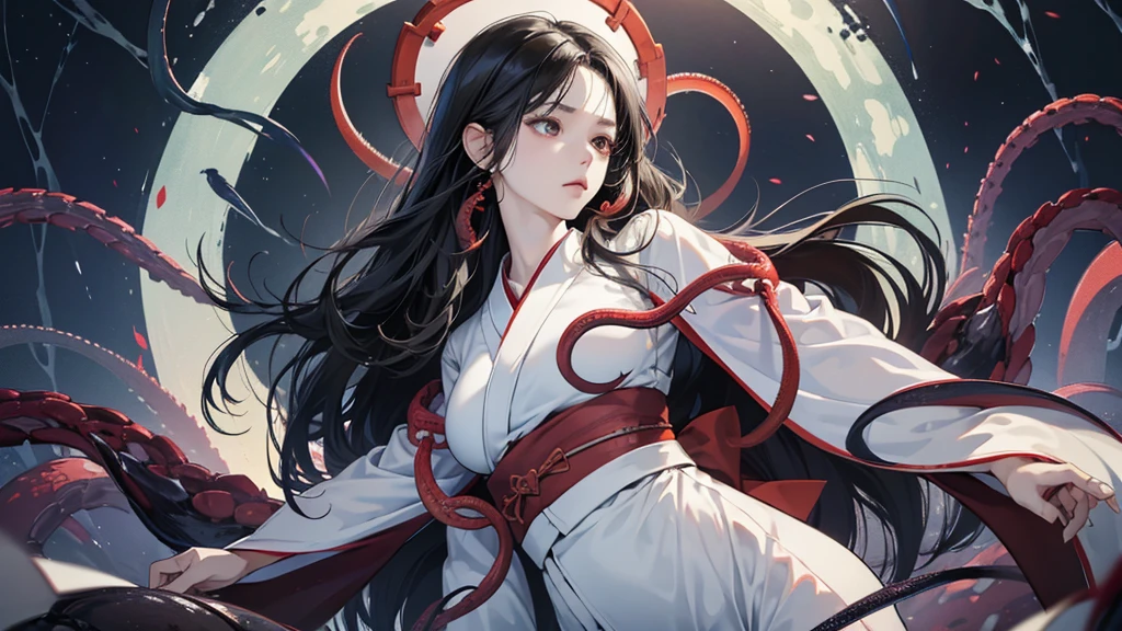 (perfect anatomy:1.2)(absurdres, highres, ultra detailed),masterpiece,best quality,high resolution,8K,Realistic face,Realistic skin texture,magnified textures, stunning clarity,(1 girl),detailed anime girl,japanese lowteen girl,ultra detailed eyes and face,(black hair),long hair,creepy swamp,mysterious eyes,midnight,(tentacles in the background),(Tentacles entwined around the body1.1),pale skin,Japanese shrine maiden, ,(white kimono),(red hakama) thin body type,big breasts,(expressionless:1.2),from front,upper body,,Daytime