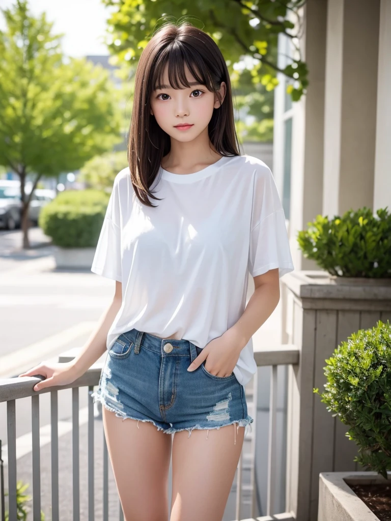 highest quality,Photo quality,Ultra-high resolution,Professional Lighting,14 years old,Beautiful face like an actress,With bangs,Sexy shorts:1.2、Amazingly cute、The white T-shirt is wet from the rain and is transparent、ブラジャーが透けて見えている、