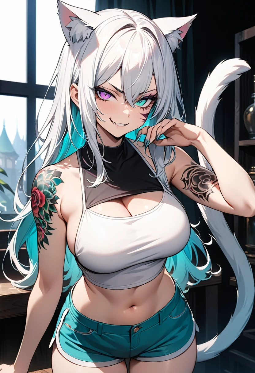 Young girl, long white hair, cat ears, cat tail, multi-colored eyes, heterohromia, left eye purple, right eye turquoise, white top, shorts, lot of tattoo, scars, open belly, wide neckline, boob window, smirk, claws, sexy pose, Masterpiece, best quality, Full HD, 4k, ultra details