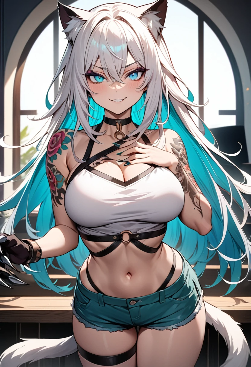 Young girl, long white hair, cat ears, cat tail, multi-colored eyes, heterohromia, left eye purple, right eye turquoise, white top, shorts, lot of tattoo, scars, open belly, wide neckline, boob window, smirk, claws, sexy pose, Masterpiece, best quality, Full HD, 4k, ultra details