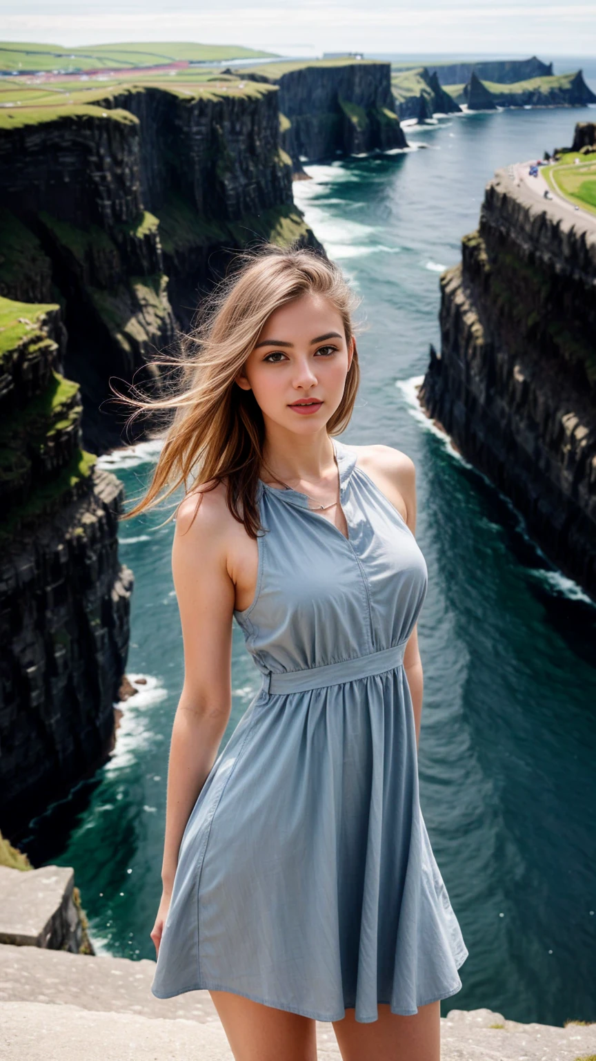 A beautiful europian girl, wearing crepe de Chine dress, sky blue dress, standing on the edge of the Moher Cliffs. She is 24 years old, has white hair and grey eyes. Her cloth is stylish and her overall appearance is stunning. The girl's face is extremely detailed with beautifully detailed lips. Her skin is anatomically correct with realistic textures. The image should have super high details and be of the best quality, with a resolution of 8K. The final result should be a masterpiece, showcasing the girl's beauty and the vibrant atmosphere of the ocean and Moher Cliffs