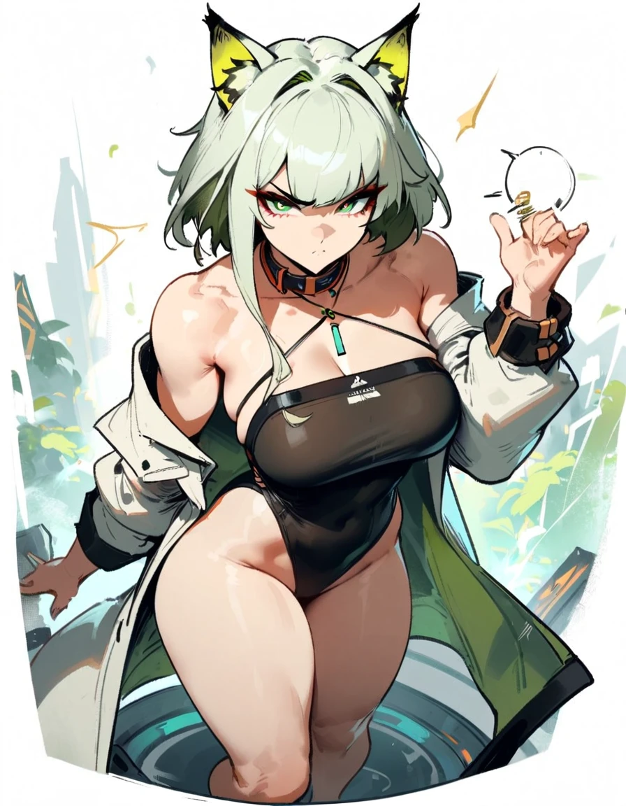1girl, kal'tsit \(arknights\), arknights \\\\\ masterpiece, best quality, very aesthetic, absurdres, newest \\\\\\ slim body,///// ,by nyantcha,cutesexyrobutts , by khyle,,////// ,,,, , ,,detailed face, , ,, , , , , beautiful face, (white background:1.2), , sexy, , serious.angry, green eyes, animal ears, , ,,,big tits,),  in the center of the frame,,, ,wears a lab coat, ,full body ,  solo, 