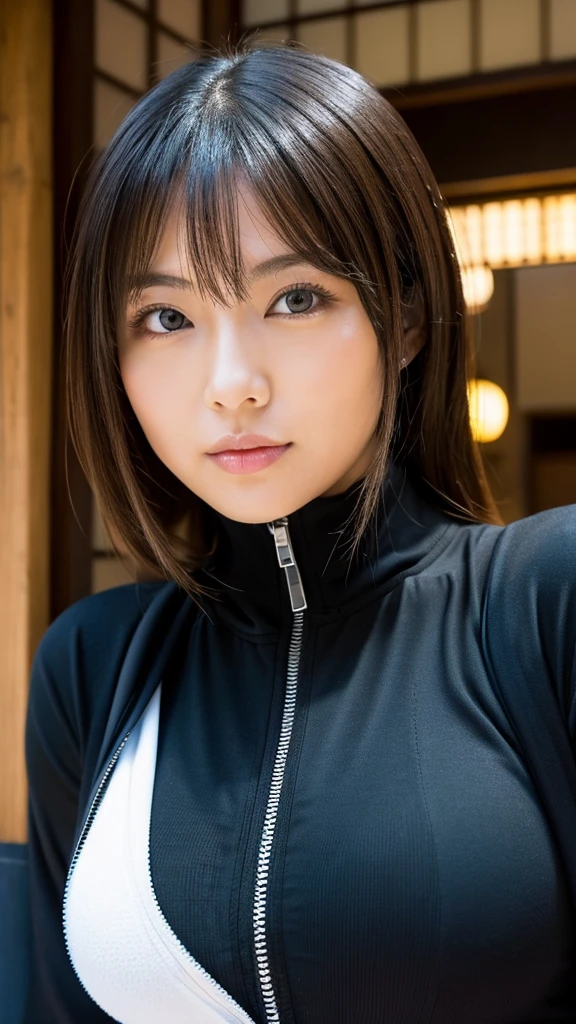 Big Breastsの日本人女性、Blonde、Big Breasts、whole body、front、The most beautiful woman in Japan、He is wearing a black zip-up jersey、Bright eyes with sharp details(Looking into the camera)、