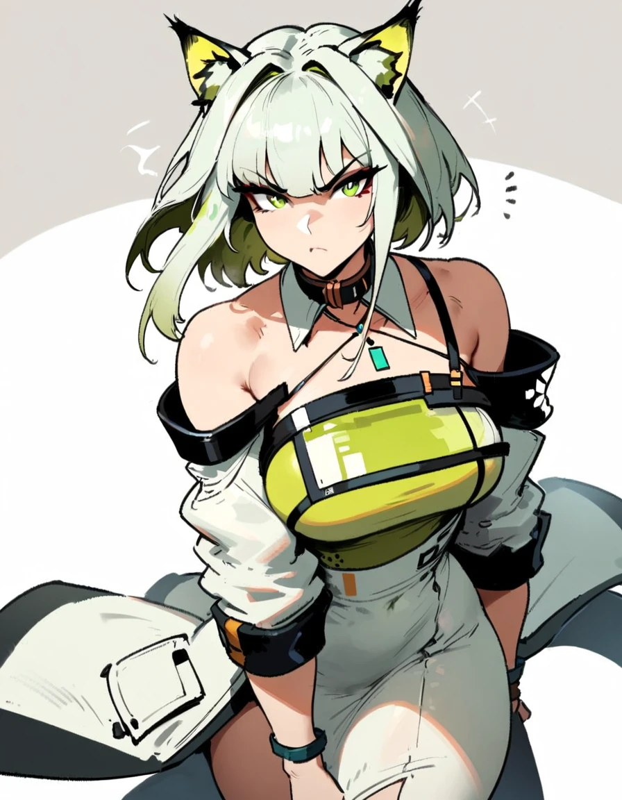 1girl, kal'tsit \(arknights\), arknights \\\\\ masterpiece, best quality, very aesthetic, absurdres, newest \\\\\\ slim body,///// ,by nyantcha,cutesexyrobutts , by khyle,,////// ,,,, , ,,detailed face, , ,, , , , , beautiful face, (white background:1.2), , sexy, , serious.angry, green eyes, animal ears, , ,,,big tits,),  in the center of the frame,,, ,wears a lab coat, ,full body ,  solo, 