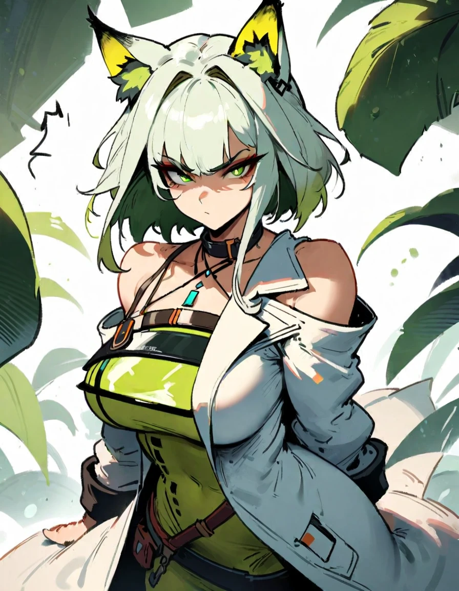 1girl, kal'tsit \(arknights\), arknights \\\\\ masterpiece, best quality, very aesthetic, absurdres, newest \\\\\\ slim body,///// ,by nyantcha,cutesexyrobutts , by khyle,,////// ,,,, , ,,detailed face, , ,, , , , , beautiful face, (white background:1.2), , sexy, , serious.angry, green eyes, animal ears, , ,,,big tits,), in the center of the frame,,, ,wears a lab coat, ,full body , solo,