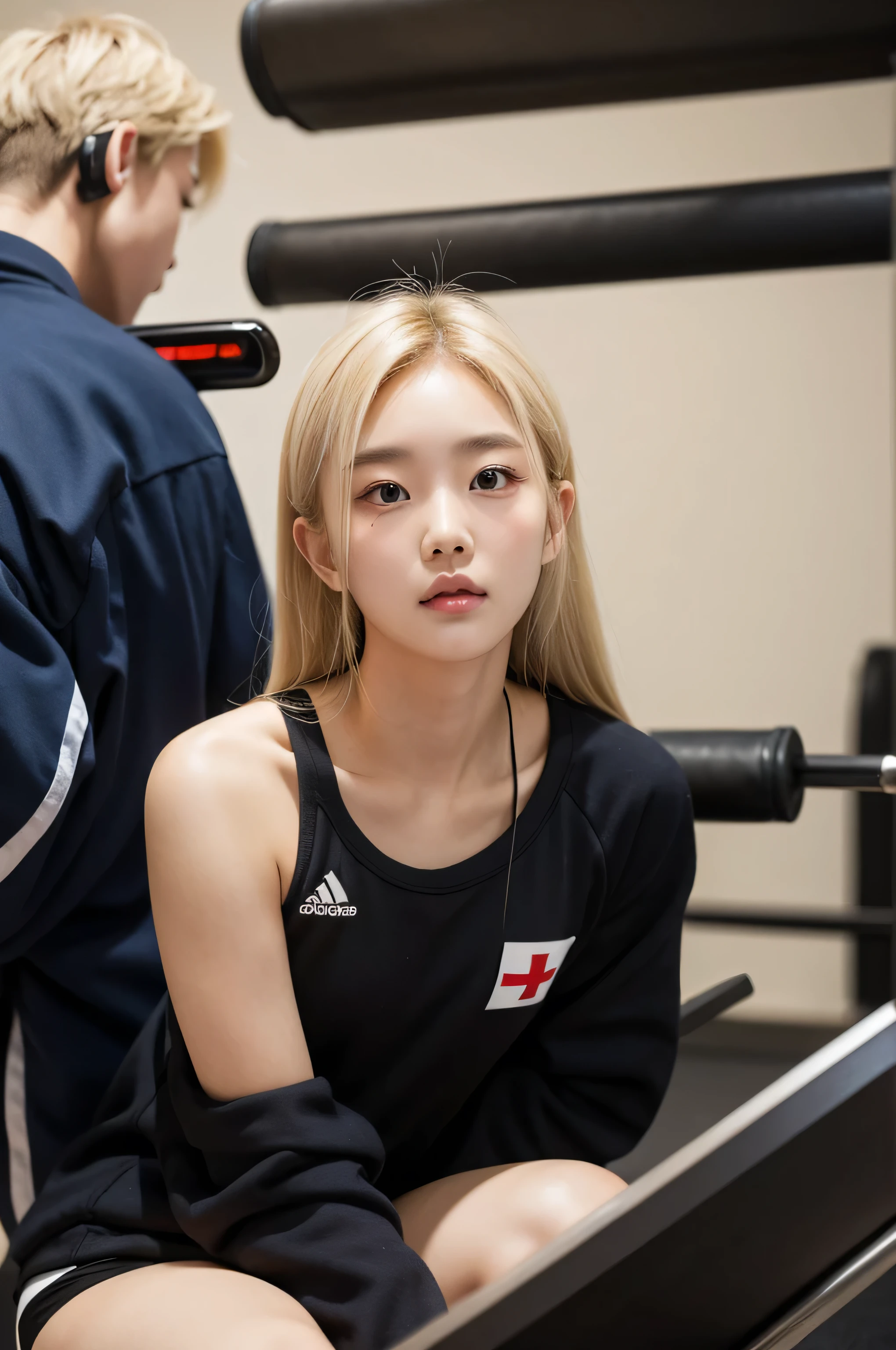 Korean woman, College student, Gym suit, Cute face, blonde hair, 1 person