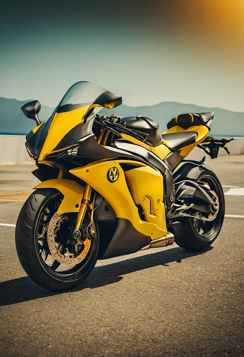 Yellow Yamaha YZF-R7, cinematic camera angle, phone wallpaper, masterpiece quality, cinematic photography