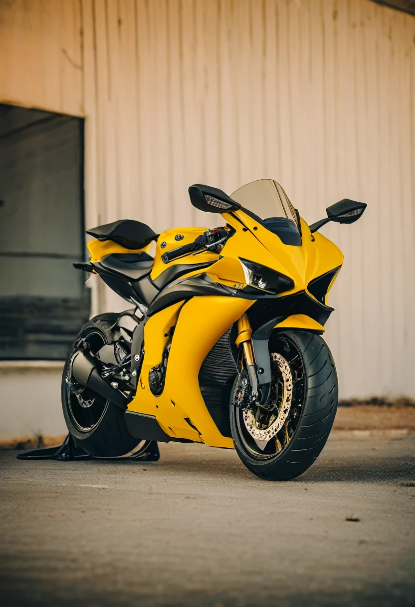 Yellow Yamaha YZF-R7, cinematic camera angle, phone wallpaper, masterpiece quality, cinematic photography