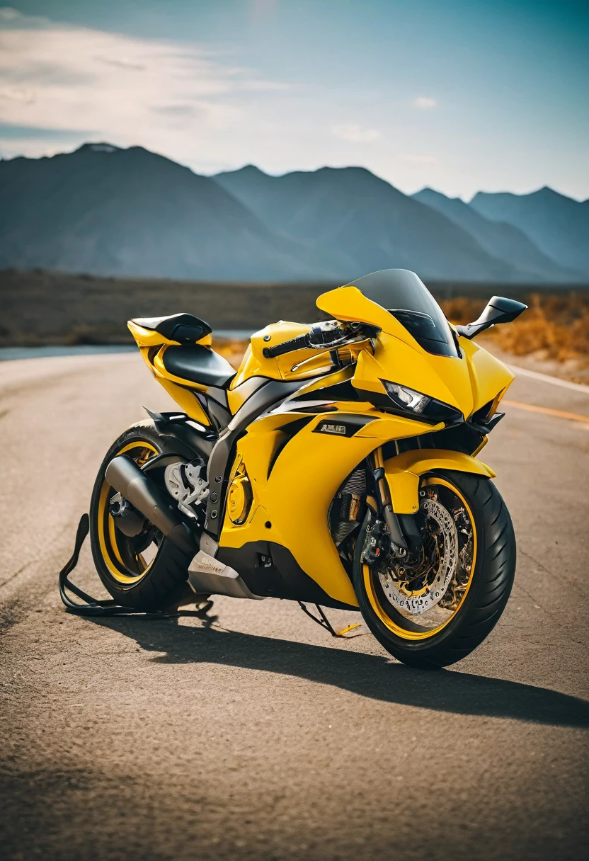 Yellow Yamaha YZF-R7, cinematic camera angle, phone wallpaper, masterpiece quality, cinematic photography