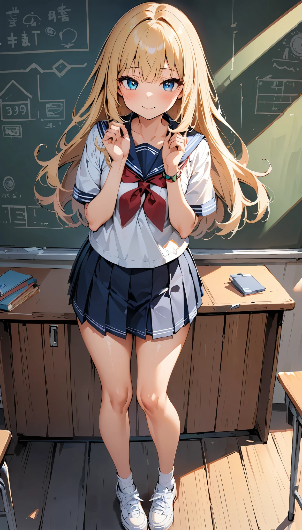 Full body view, Standing pose, , Sailor suit, Detailed face, Detailed eyes, Beautiful Hair, classroom, Blackboard Background, masterpiece:1.2, Highest quality, High Detail.