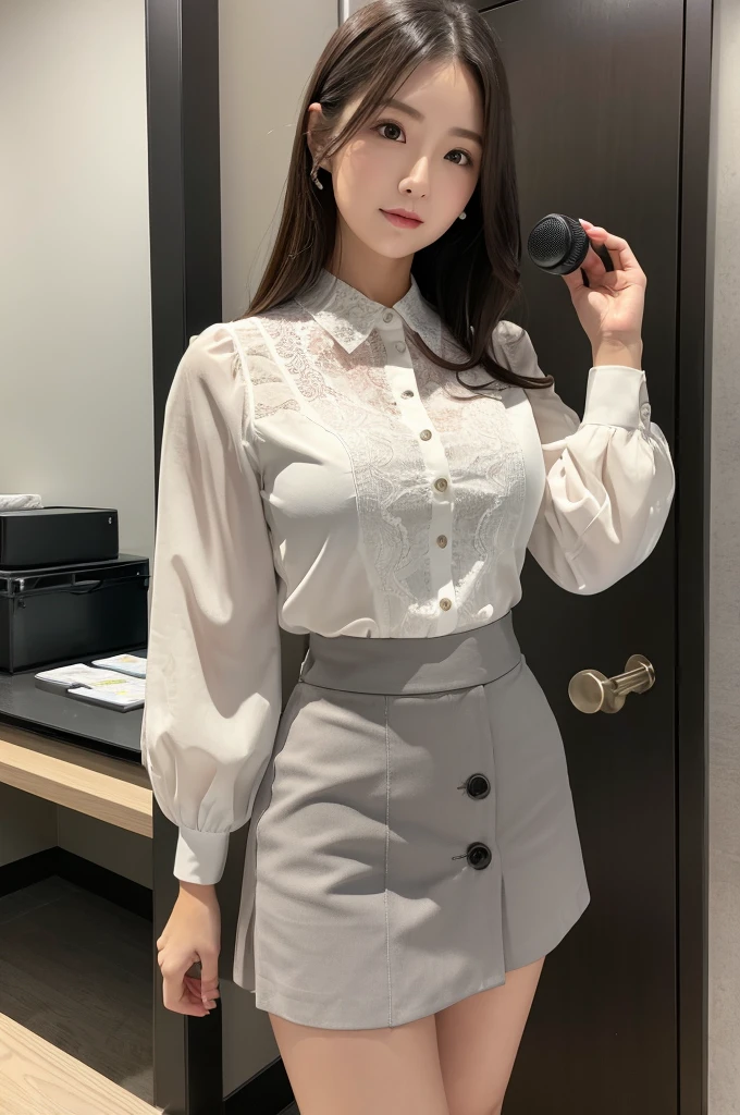 20th Generation、Office Lady、Hot water supply room、White lace blouse、Open four blouse buttons、Grey mini skirt、Lift the skirt up to the thighs
