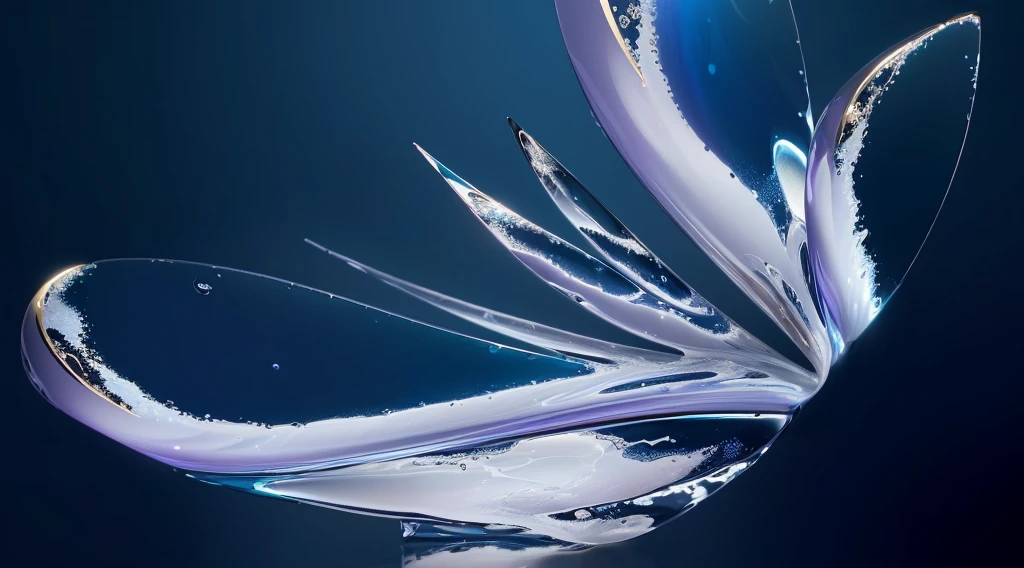 (8K,best quality,photo,ultrahigh-res,High detail RAW color photo professional photograph,:1.1), A sophisticated piece of modern art featuring a reflective glass surface with golden tones. The metallic sheen, organic shapes, and high contrast create an alluring and minimalistic design with fluid and textured elements. An abstract and cosmic composition with fluid art, transparent bubbles, and swirling patterns in shades of blue and purple. The high-key lighting, soft focus, and macro photography highlight the intricate details of the glassy liquid texture.