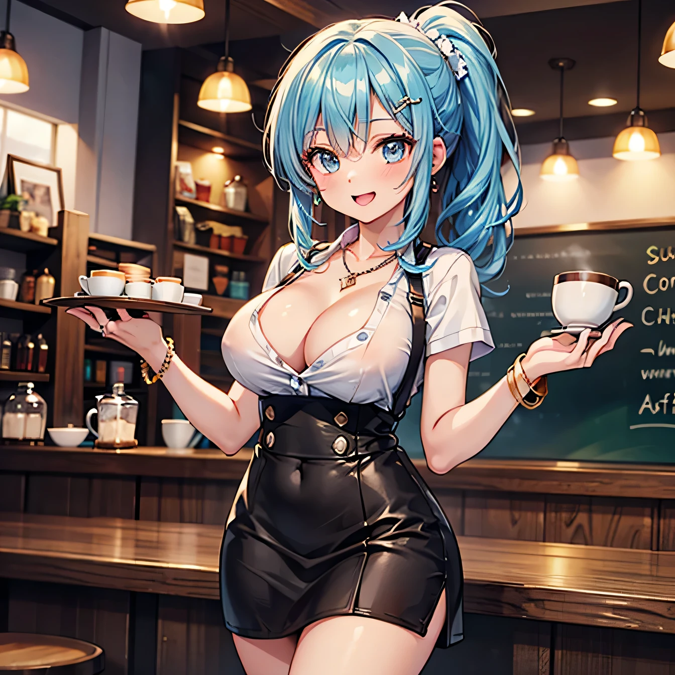 Anime Moe Art Style,Highest quality,High resolution,Anatomically correct,One Girl,Mid-s,A girl with light blue hair in a ponytail,Super detailed,Fantasy World,Big Breasts,Shiny skin,Beautiful Skin,A rich expression,Laughing with your mouth open,Coffee shop,Waitress Uniform,Serving,Eyes drawn in detail,hair ornaments,necklace,bracelet,ring,8K