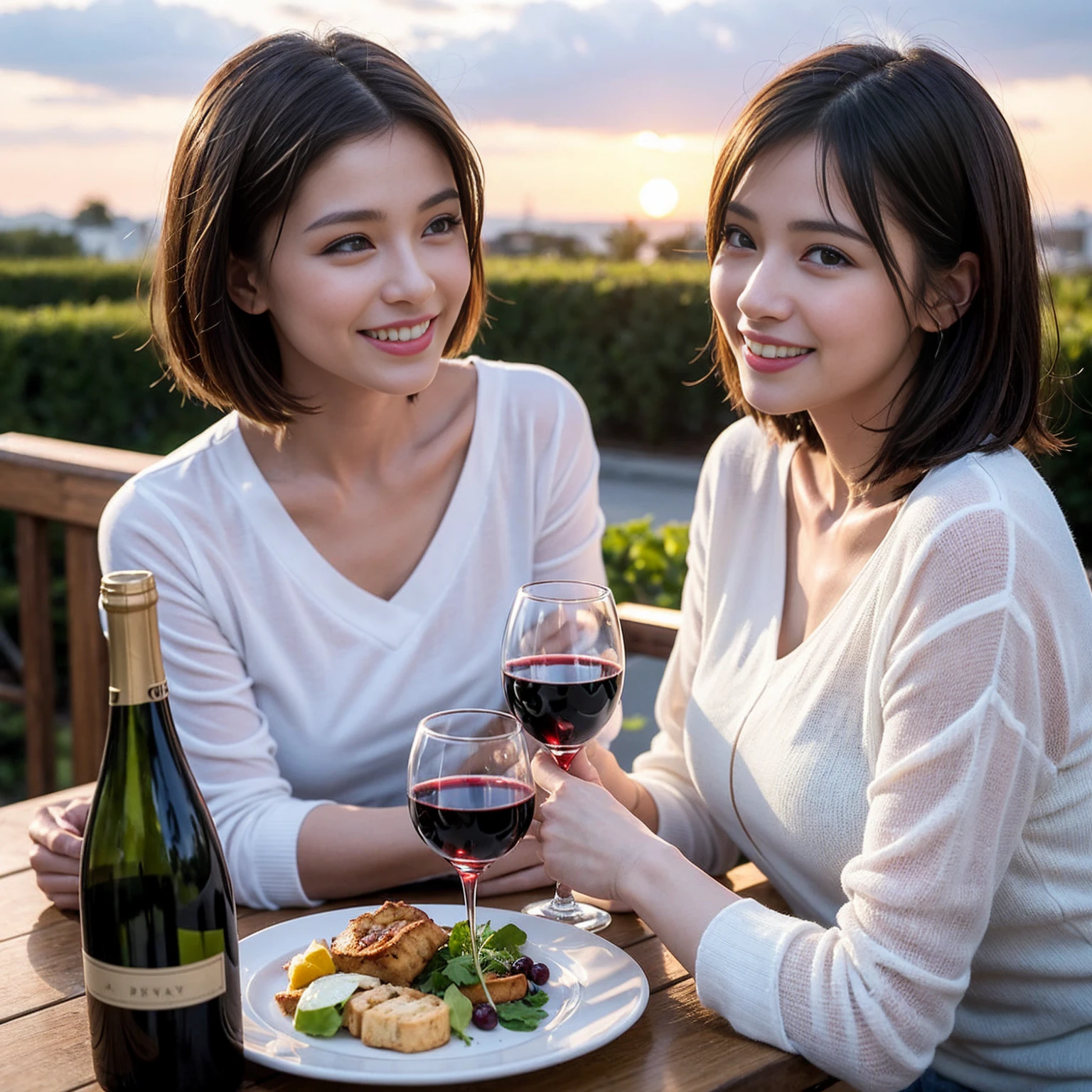 ((Highest quality、8K、masterpiece:1.3))、 (Genuineistic, Genuine、Bright image、Intricate details:1.2), 最高のsmile、1 male 1 female、Beautiful couple、Lovey-dovey lovers、fiancee、Good friends、actress couple、smile、Full-course dinner at a packed table、 (Slim face), (the body is slim), (Brown Hair), (short hair), テーブルのwine glass、Please shine a light on my face、 Amazing view of the sunset sky and clouds、 years old 39 years old, red wine 、Appetizers、Wine bottle、sparkling wine、Long sleeve shirt、dress、White wine, red wine, wine glass,