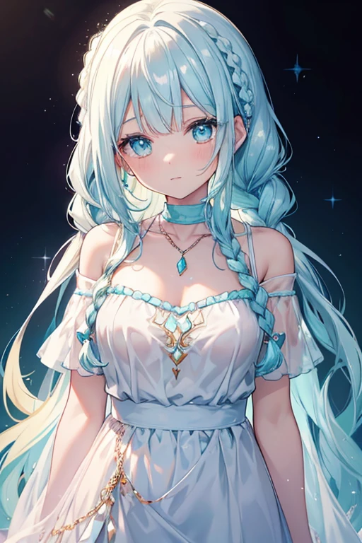 With braids,Shiny, Moist and crystal clear face,It has a lovely feel,Light cyan and light yellow color scheme,Wear a simple, solid off-the-shoulder T-shirt,Around his neck hangs a crystal clear silver necklace, big chest