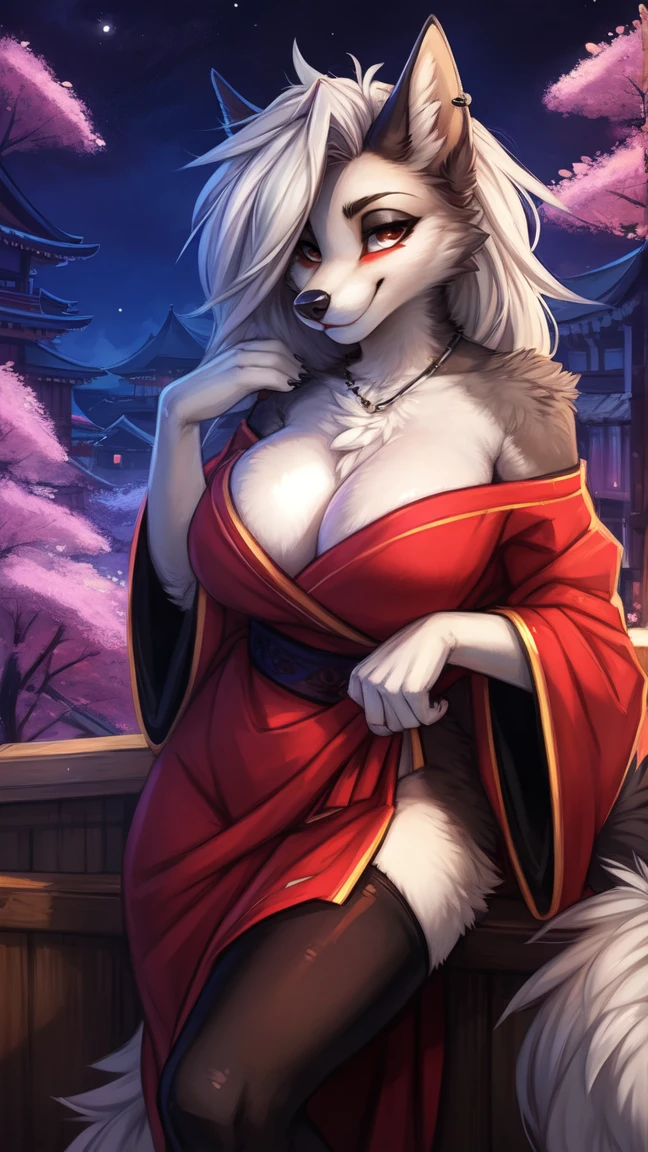 by kenket, Ross Tran, ruan jia, zaush, foxovh, by Zackary911, by hyattlen, by teranen, by fumiko, by Pixelsketcher, by fluff-kevlar, bye r-mk, by Dimwitdog, Furry, Anthro, (oiran), ((prostitute)), (luxurious off-shoulder kimono), (loona), helluva boss, hellhound, kemono, (huge breasts), long (elegant) white hair, hourglass body, revealing outfit, seductive, alluring eyes, looking at viewer, gray fur, white fur, traditional japanese, magic fantasy, (mature), milf, tall, curvy, outdoors, cherry blossoms, nighttime, cleavage, tugging on own clothes, (red sclera), red eyes,