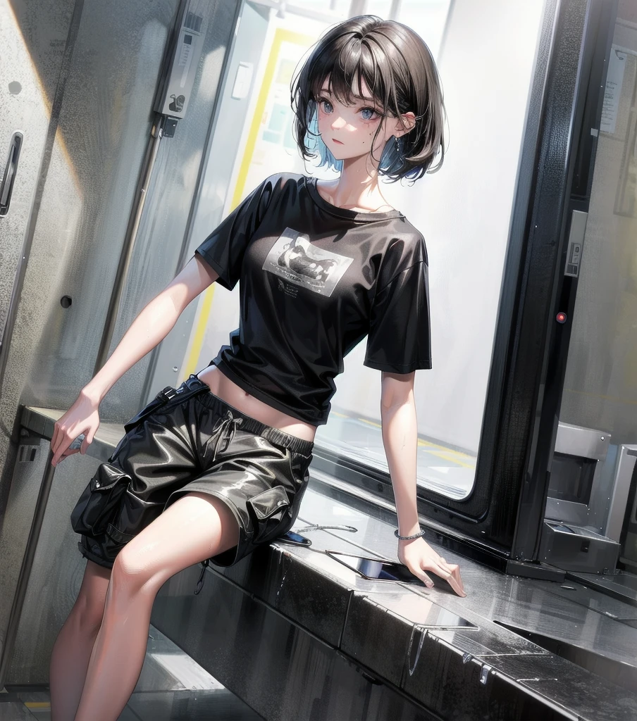 whole body, solo, alone, delicate facial features, medium tits, medium hair, black hair, tearful mole, earring, t-shirt, crop top, Hot Pants,