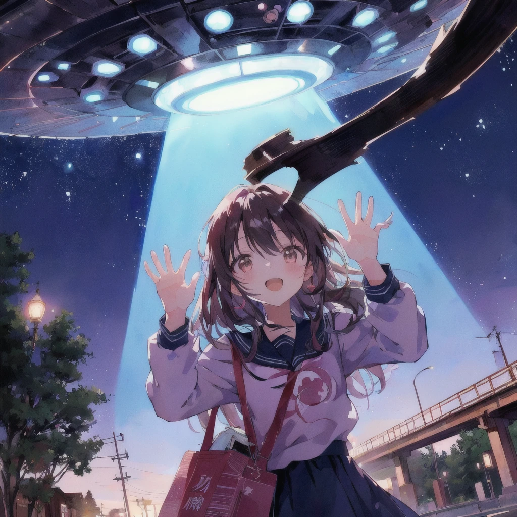 Anime girl reaching for a flying saucer, UFOTABLE art style, Anime Style 4 k, Anime Wallpaper, 4K Manga Wallpapers, Cute girl anime visuals, Anime Cover, hd Anime Wallpaper, Anime Background, Anime Style. 8K, yume nikki, Ethereal Anime, Portrait Anime Astronaut Girl, Anime Aesthetics