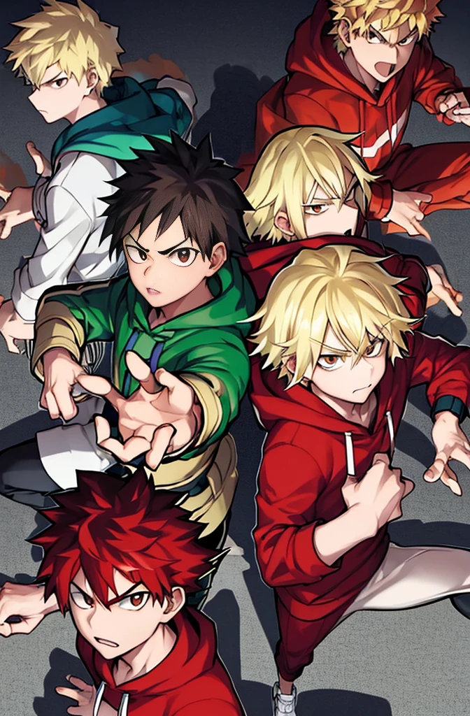 horikoshi kouhei,  one boy, boku no hero academia, straight hair, clean, serious face, detailed hands, eyebrows, short hair, red hoodie, brown eyes, blonde hair, looking at viewer, official art, pale skin, serious, green joggers.