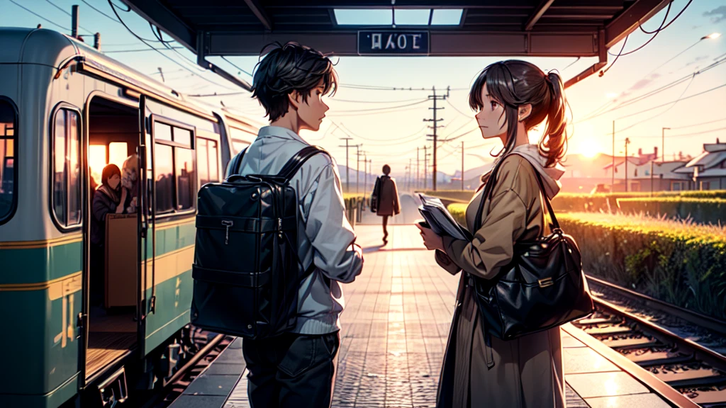 1girl、(((Parent and 、Highest quality、Masterpiece、Official Art、The best dynamic composition)))、(detailed)、Anime Style、A tranquil view of the countryside、Departure、At the station platform、A touching scene in which a single mother holds back tears as she sees her son off。The mother stands on the platform、The expression on his face is a mixture of pride and sadness.。My grown-up son is carrying a suitcase.、She turns around and gives her mother a reassuring smile.。The station was crowded with other travelers.、The warm sunset casts a soft glow on the scene.、It highlights the heartbreaking moment of separation between mother and son.。Anime Styleで描かれています。