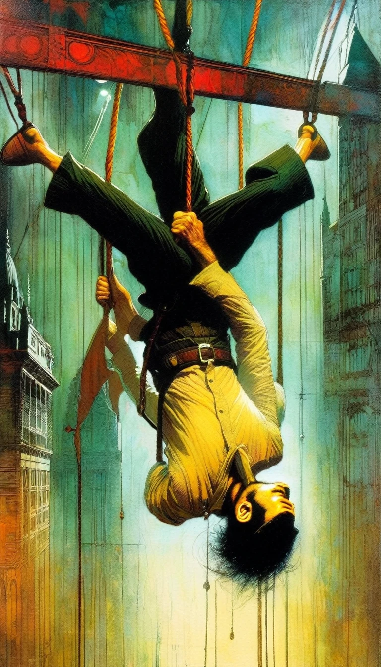 the man hanging upside down, Artwork inspired by Bill Sienkiewicz and Dave Mckean, intricate details, oil painted