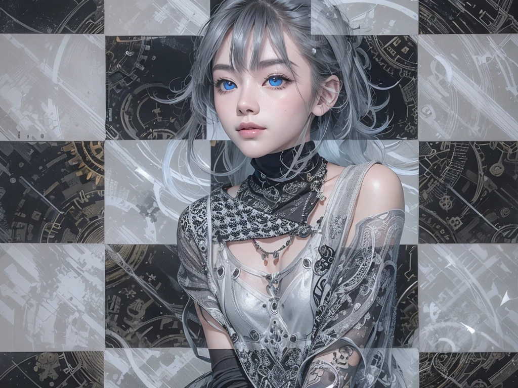 (Realistic:1.8), (Digital art:0.2), (Gear art:1.7),(agpi official art, beautiful and aesthetic, ultra detailed, beautiful, masterpiece, best quality:1.6), (1girl:1.2), Detailed face, Detailed eyes, Detailed hair, young fingers, Detailed fingers, five fingers BREAK cute ig model, Japanese cute model, 22 years old, Tightened all body, small head, small face, small mouth, diamond Face, small nose, Sharp Faceline, (dropy eyes, Double eyelid, Blue eyes, Glossy eyes, Shiny eyes:1.2), Shiny skin, shiny hair, (gray hair:1.2),
_
BREAK (happy, smile, Teeth, Glossy Lip:1.2),beautiful Teeth, (upper body:1.5), sitting, from front,
_
BACKGROUND
(gray urban cityscape with soft lights:1.3), (mist,fog, blurrybackground:1.6), BREAK
POSE
(standing gracefully with arms slightly extended:1.2)BREAK
CAMERA ANGLE
(angled slightly from above, capturing the flowing lines of the poncho:1.2)BREAK
OUTFIT
(fusion of black and white poncho with intricate geometric patterns:1.2), (black skinny jeans:1.1), (ankle boots with subtle pattern details:1.1), (minimalistic silver accessories:1.1)BREAK