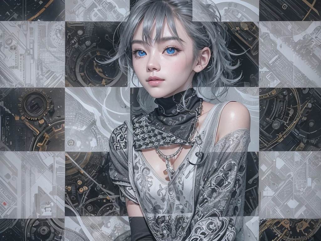 (Realistic:1.8), (Digital art:0.2), (Gear art:1.7),(agpi official art, beautiful and aesthetic, ultra detailed, beautiful, masterpiece, best quality:1.6), (1girl:1.2), Detailed face, Detailed eyes, Detailed hair, young fingers, Detailed fingers, five fingers BREAK cute ig model, Japanese cute model, 22 years old, Tightened all body, small head, small face, small mouth, diamond Face, small nose, Sharp Faceline, (dropy eyes, Double eyelid, Blue eyes, Glossy eyes, Shiny eyes:1.2), Shiny skin, shiny hair, (gray hair:1.2),
_
BREAK (happy, smile, Teeth, Glossy Lip:1.2),beautiful Teeth, (upper body:1.5), sitting, from front,
_
BACKGROUND
(gray urban cityscape with soft lights:1.3), (mist,fog, blurrybackground:1.6), BREAK
POSE
(standing gracefully with arms slightly extended:1.2)BREAK
CAMERA ANGLE
(angled slightly from above, capturing the flowing lines of the poncho:1.2)BREAK
OUTFIT
(fusion of black and white poncho with intricate geometric patterns:1.2), (black skinny jeans:1.1), (ankle boots with subtle pattern details:1.1), (minimalistic silver accessories:1.1)BREAK