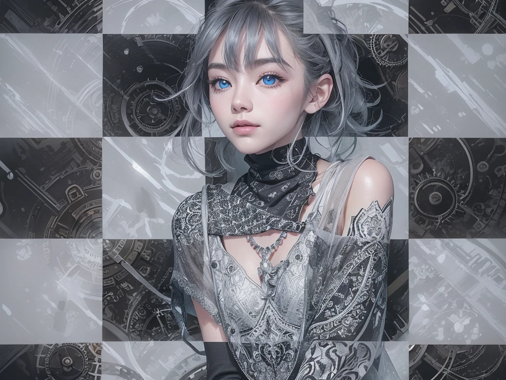 (Realistic:1.8), (Digital art:0.2), (Gear art:1.7),(agpi official art, beautiful and aesthetic, ultra detailed, beautiful, masterpiece, best quality:1.6), (1girl:1.2), Detailed face, Detailed eyes, Detailed hair, young fingers, Detailed fingers, five fingers BREAK cute ig model, Japanese cute model, 22 years old, Tightened all body, small head, small face, small mouth, diamond Face, small nose, Sharp Faceline, (dropy eyes, Double eyelid, Blue eyes, Glossy eyes, Shiny eyes:1.2), Shiny skin, shiny hair, (gray hair:1.2),
_
BREAK (happy, smile, Teeth, Glossy Lip:1.2),beautiful Teeth, (upper body:1.5), sitting, from front,
_
BACKGROUND
(gray urban cityscape with soft lights:1.3), (mist,fog, blurrybackground:1.6), BREAK
POSE
(standing gracefully with arms slightly extended:1.2)BREAK
CAMERA ANGLE
(angled slightly from above, capturing the flowing lines of the poncho:1.2)BREAK
OUTFIT
(fusion of black and white poncho with intricate geometric patterns:1.2), (black skinny jeans:1.1), (ankle boots with subtle pattern details:1.1), (minimalistic silver accessories:1.1)BREAK