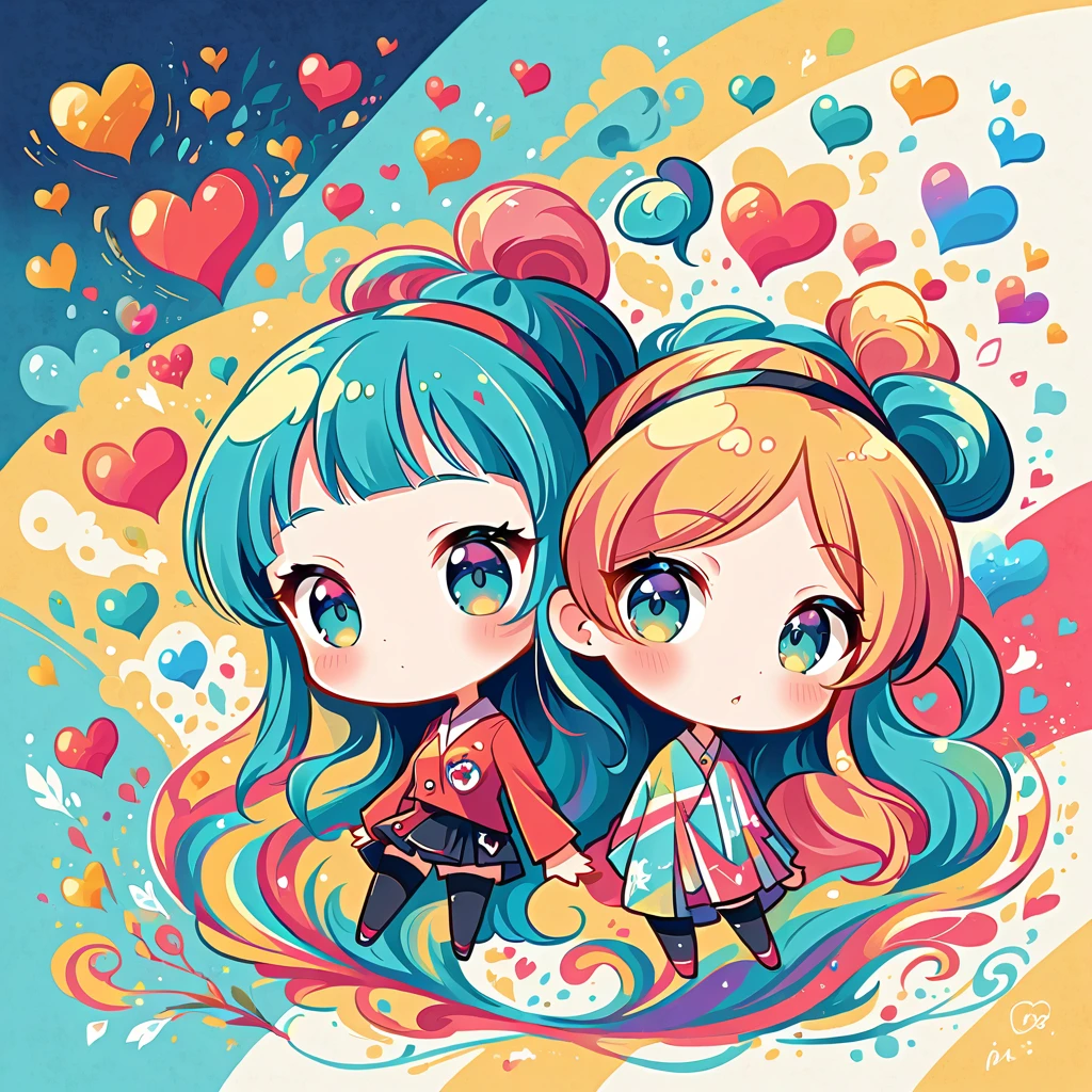 Mai Yoneyama style, Simple Line Initialism,Abstract art,Urban Background, colorful hearts ,(((The most beautiful girl of all time))), (((chibi))),
