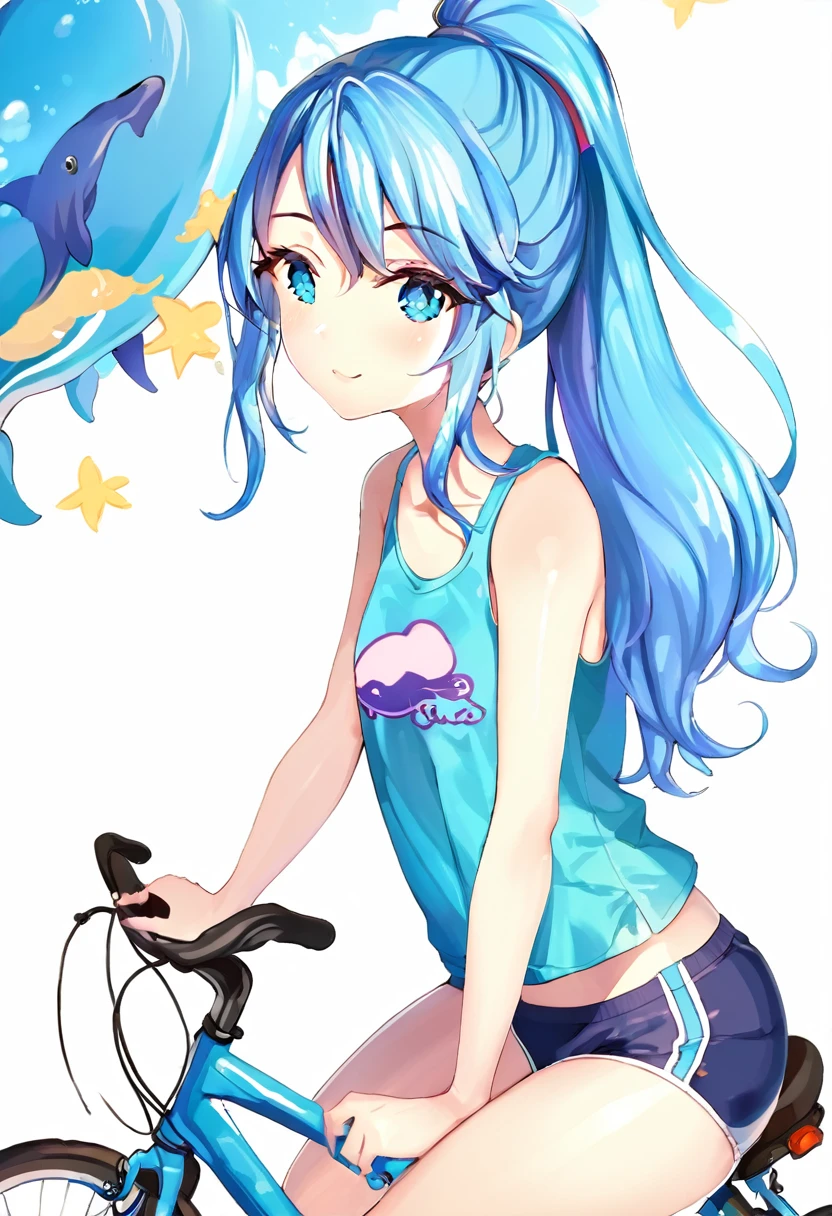 a girl sitting on top of bicycle, dolphin shorts, blue hair, ponytail,
