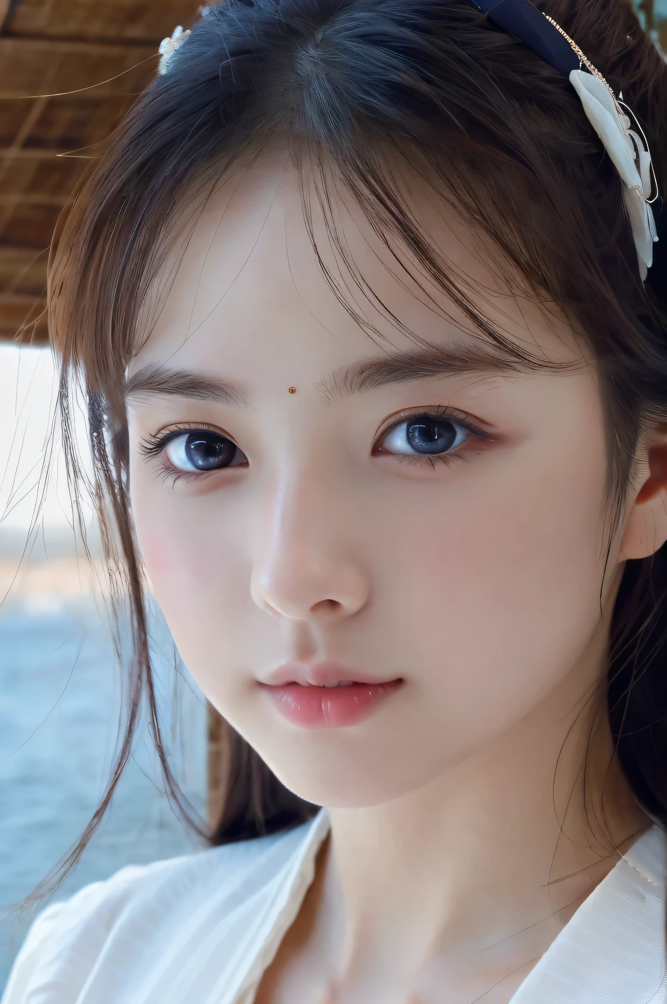 One Girl，(1人のとてもcute女の子:1.3)，masterpiece，Highest quality，High resolution，From below，Low - Angle，Photorealistic，RAW Photos，Ray Tracing，beautiful girl，(6 :1.3)，cute，Big eyes，(detailed pupils:1.2)，(The face is facing forward:1.3)，Cute nose，Beautiful nose，Upturned nose，Fuller lips，Short black hair，ponytail，short hair，Detailed eyelashes，Thin eyebrows，Very fine grain definition，(Symmetrical eyes:1.3)，(Face close-up，Face Focus:1.0)，Small breasts，Short neck，Off the shoulder，People emerge，Dark Background，forest，Portrait，View Viewer，Upper Body，Cinema Lighting，High resolution，Very detailed