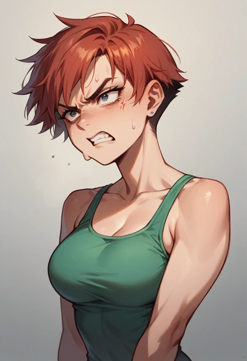 High angle,comics,a young woman, short red hair, blue gray eyes, athletic muscular,floral tattoos, piercings,she wears an shirt, streetwear clothings she plays Krav-Maga, sketch