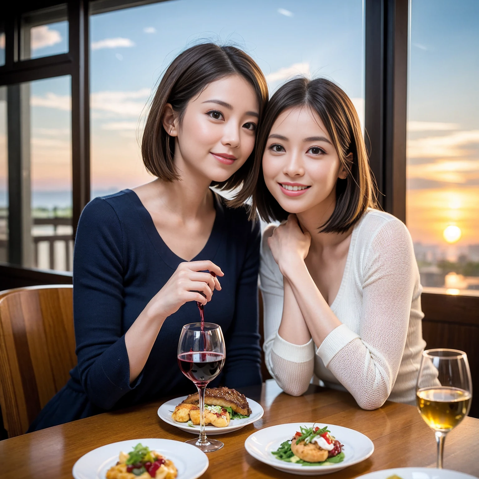 ((Highest quality、8K、masterpiece:1.3))、 (Genuineistic, Genuine、Bright image、Intricate details:1.2), 最高のsmile、1 male 1 female、Beautiful couple、Lovey-dovey lovers、Satomi Ishihara lookalike fiance、Good friends、actress couple、smile、Full-course dinner at a packed table、 (Slim face), (the body is slim), (Brown Hair), (short hair), テーブルのwine glass、Please shine a light on my face、 Amazing view of the sunset sky and clouds、42 years old 39 years old, red wine 、Appetizers、Wine bottle、sparkling wine、Long sleeve shirt、dress、White wine, red wine, wine glass,