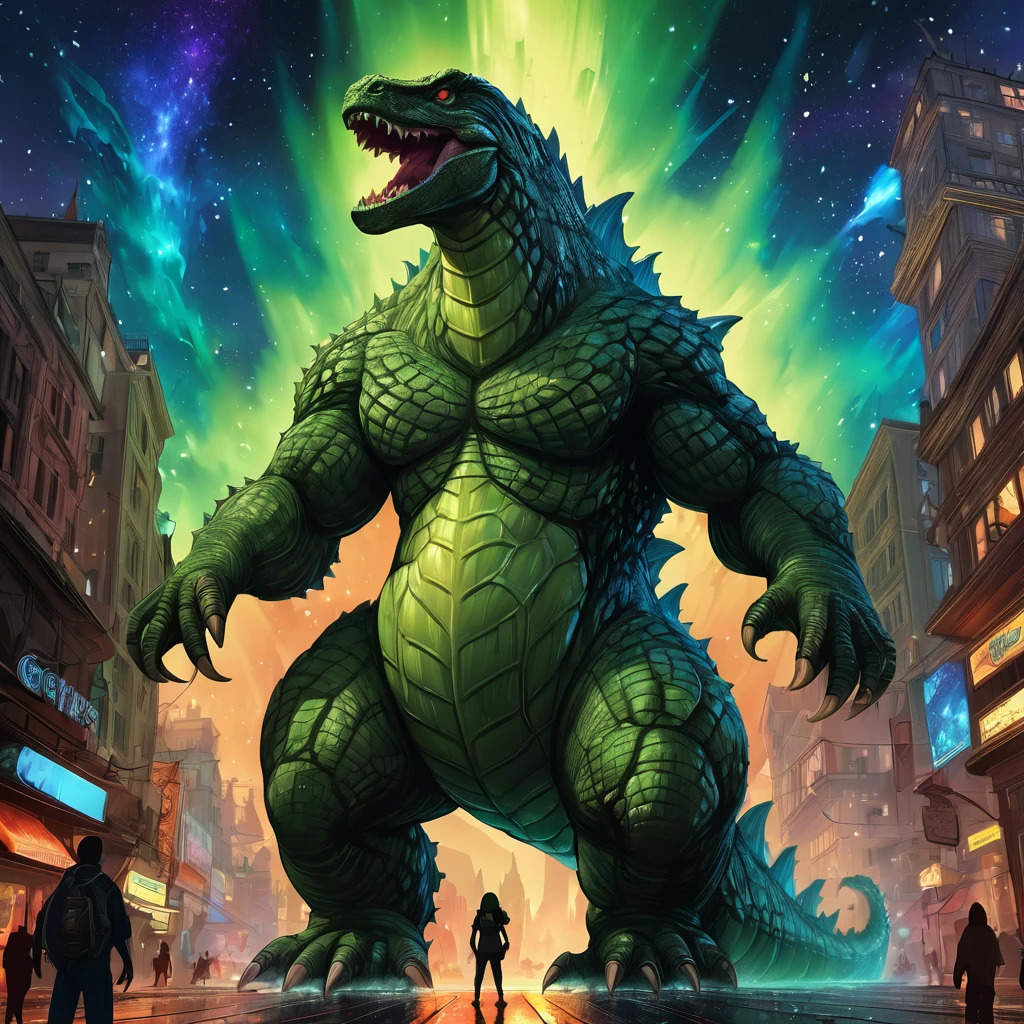 Godzilla, aesthetic, christzilla, epic scene, colors, holy, full body, galaxy, and, stars, atmosphere, unreal engine, pixar, video game, ethereal, insanely detailed, symmetrical, concept art, peter mohrbacher, charlie bowater, artstation, cinematic, video game, digital painting,big boobs Godzilla,naked Godzilla(green nipples)
