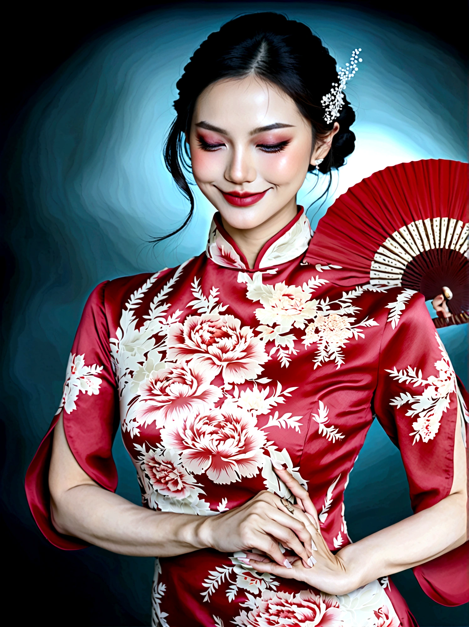 (full-body shot:1.4), Space Art, 1 Cheongsam woman，whole body，Standing，Transparent robotic arm，slim body，Perfect proportions，Exquisite hair accessories，Smile，Transparent mechanical shoes，Oriental elements，(bokeh)，high quality，4K，3d