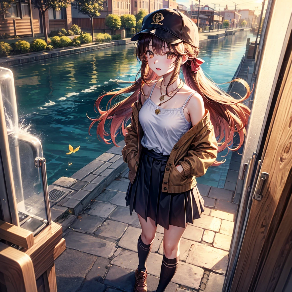 Red, brown, gold, gold hair、Golden Eyes、Hair tied up、One good looking girl、solo、anime、Checkered mini skirt、Ruffles on the skirt、camisole、camisole、Lightweight cardigan、Black knee-high socks、Wearing a baseball cap、Ribbon、Ribbon on waist、Teeth are visible、Sunset sky、Cumulonimbus、Silver coin necklace、shine、From above、Sparks are flying、tunnel、Cobblestones、Hands in pockets、waterfall、Torrent