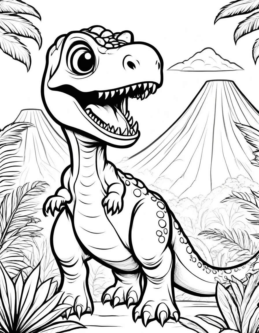 simple, line-art, coloring book, one dinosaur, kids, cute, cartoon-like, T-Rex, big eyes, friendly, smiling, whimsical prehistoric plants, cute volcano, clean lines, no shading, no color