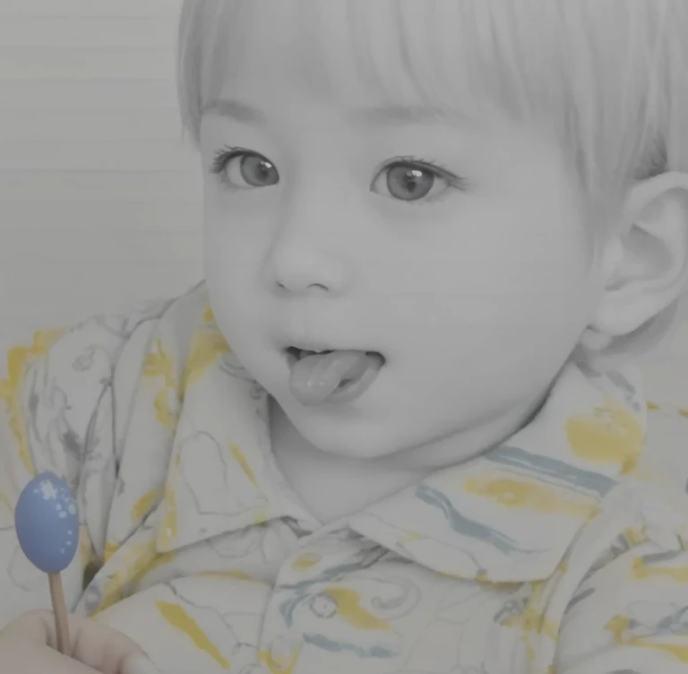 Realistic color photography style、Smiling emphasizes nasolabial folds. Make the chin a little thinner and accentuate the nasolabial folds.、I want it to look more like a color photograph..........。3 year old boy, Xu々To、Clearly visible、鼻から口Toかけての深いほうれい線を強調します、Generate left and right dimples、Show me your beautiful smile.。Make your eyes look cute with double eyelids.Licking the candy、Tongue sticking out of mouth。